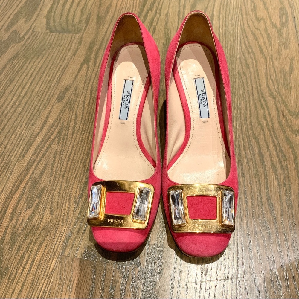 Prada Pink Suede Pumps with Gold & Silver Buckle